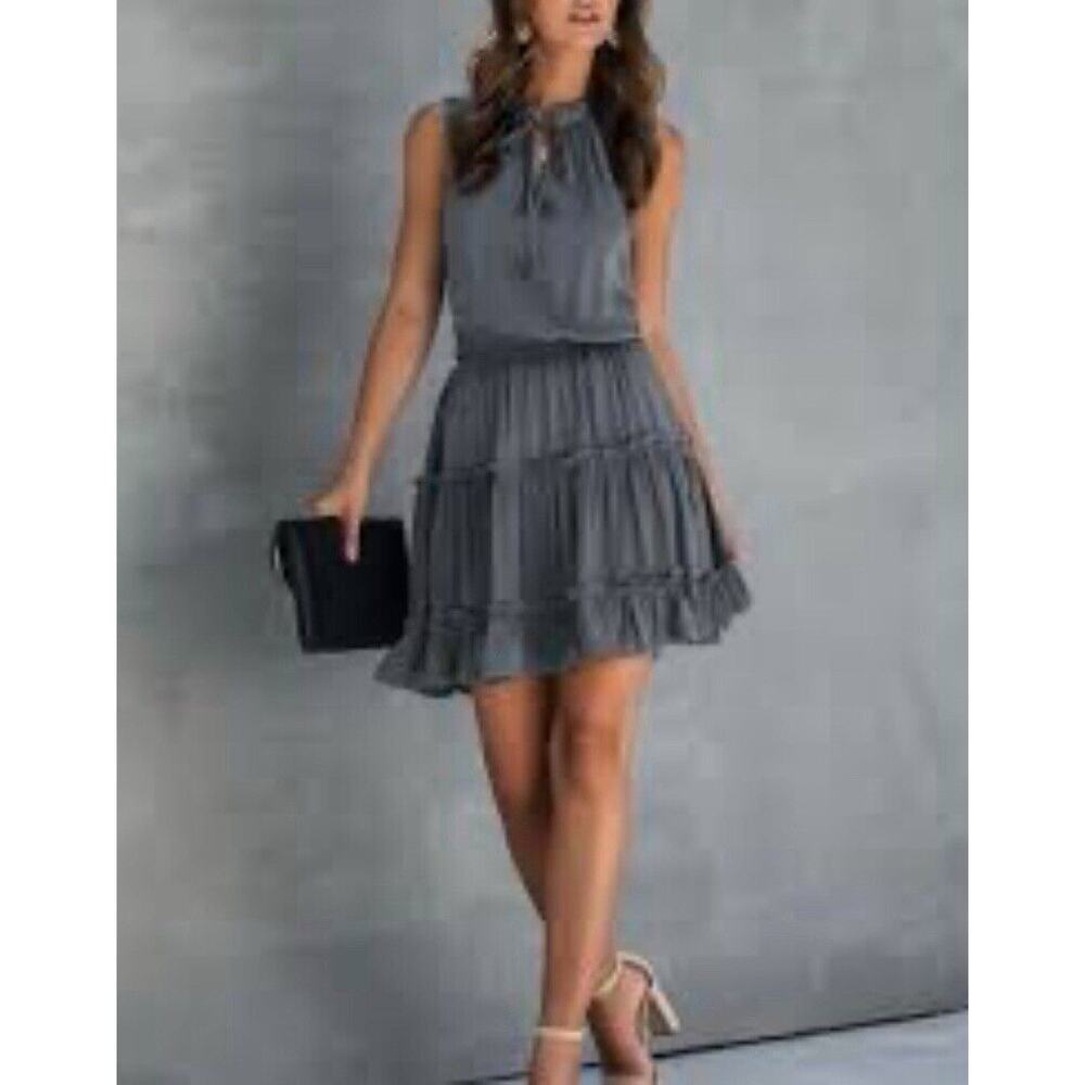 Sleeveless V Neck Ruffled Swing Dress SZ L Purple Boho‎ Chic Sexy Flirty NWT